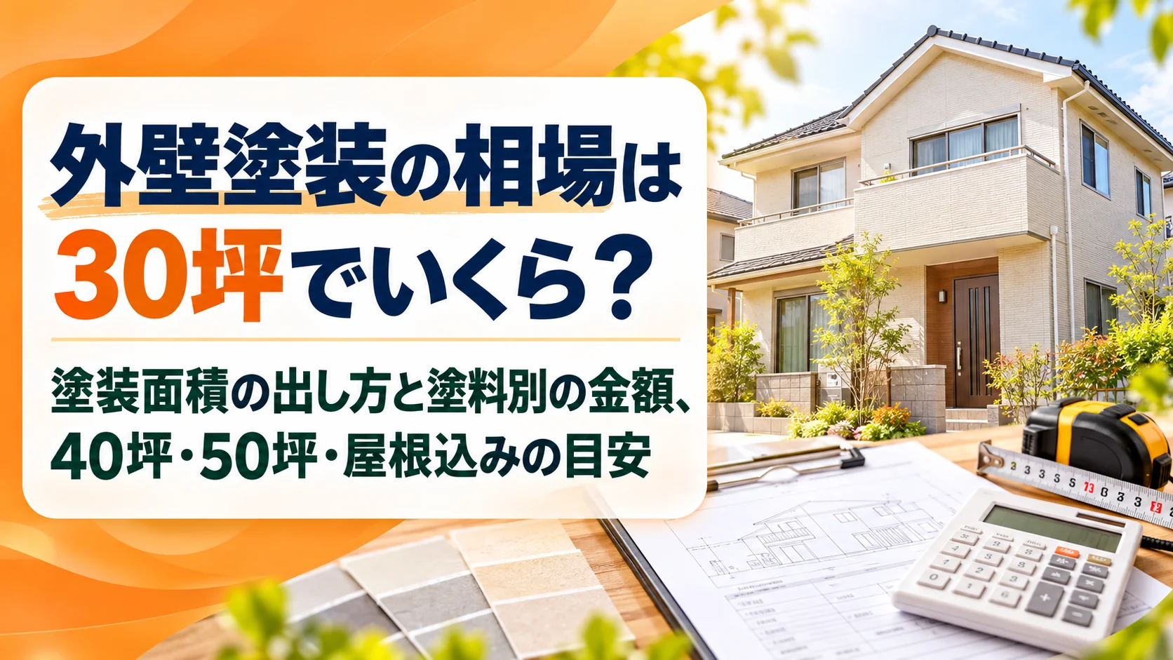 外壁塗装の相場は30坪でいくら？塗装面積の出し方と塗料別の金額、40坪・50坪・屋根込みの目安