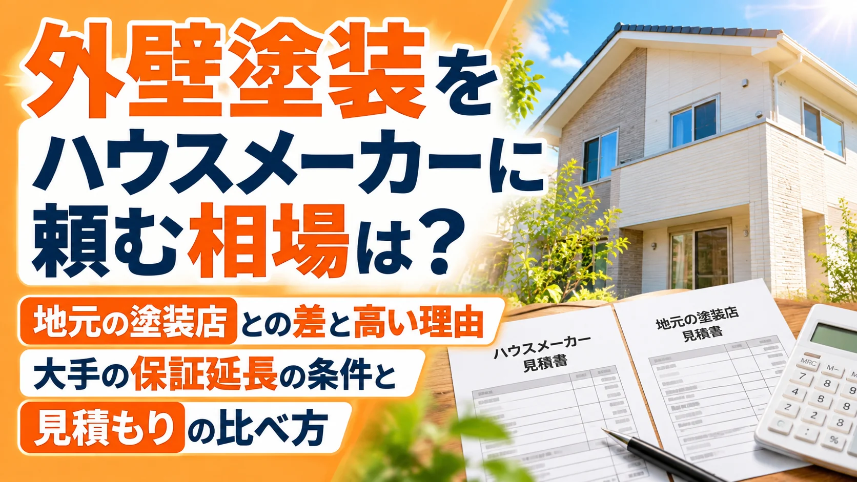 外壁塗装をハウスメーカーに頼む相場は？地元の塗装店との差と高い理由、大手の保証延長の条件と見積もりの比べ方